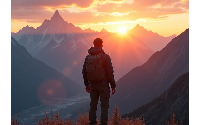 An adventurer overlooking a stunning mountain range at sunset, symbolizing a grand journey.