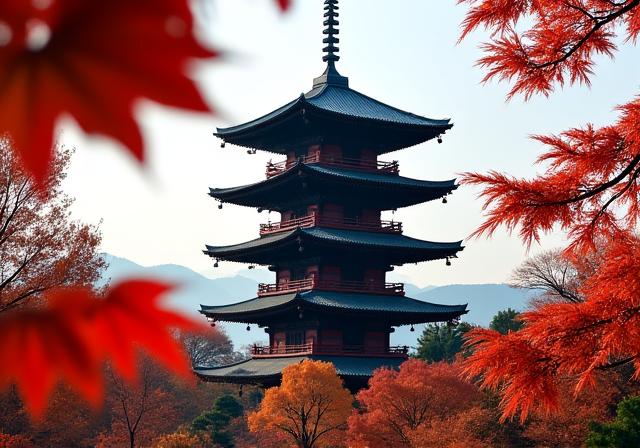 Historic pagoda in Kyoto, Japan with autumn leaves