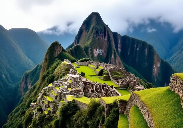 Ancient Inca city of Machu Picchu in Peru surrounded by lush mountains
